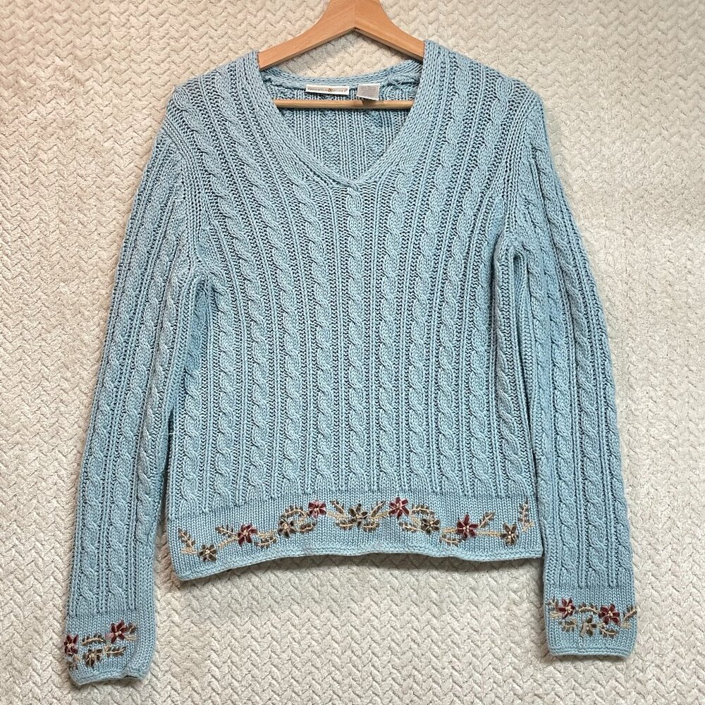 Preswick &‎ Moore Baby Blue Cottagecore Cable Knit V-neck Floral Hem Sweater M